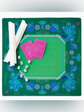 Oh My Mahjong Set Green Birdie Mat, Birdie Mahjong Tiles , White Rack